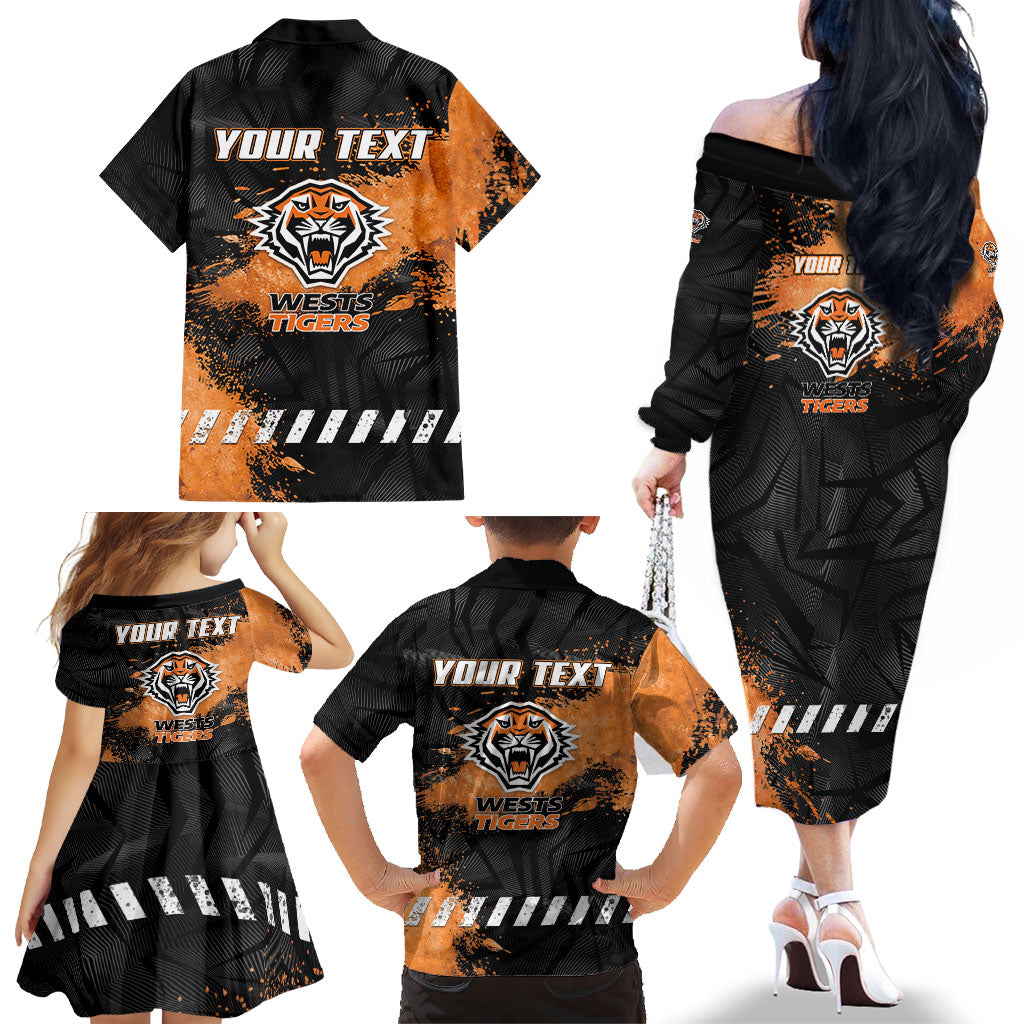 Personalized Wests Tigers Rugby Family Matching Off The Shoulder Long Sleeve Dress and Hawaiian Shirt Tiger Mascot - Sporty Splash Art Style