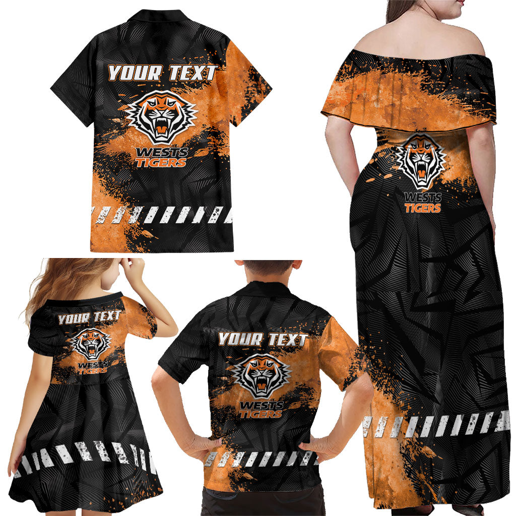 Personalized Wests Tigers Rugby Family Matching Off Shoulder Maxi Dress and Hawaiian Shirt Tiger Mascot - Sporty Splash Art Style