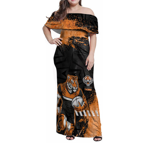 Personalized Wests Tigers Rugby Family Matching Off Shoulder Maxi Dress and Hawaiian Shirt Tiger Mascot - Sporty Splash Art Style