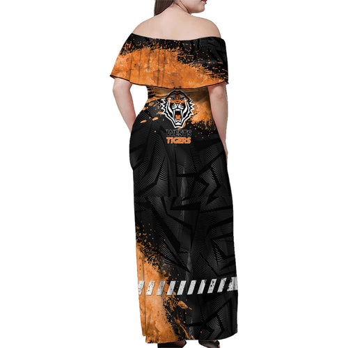 Personalized Wests Tigers Rugby Family Matching Off Shoulder Maxi Dress and Hawaiian Shirt Tiger Mascot - Sporty Splash Art Style