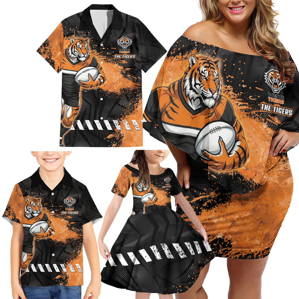 Personalized Wests Tigers Rugby Family Matching Off Shoulder Short Dress and Hawaiian Shirt Tiger Mascot - Sporty Splash Art Style