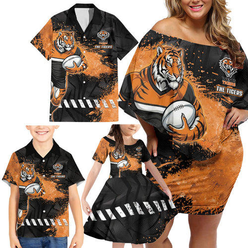 Personalized Wests Tigers Rugby Family Matching Off Shoulder Short Dress and Hawaiian Shirt Tiger Mascot - Sporty Splash Art Style