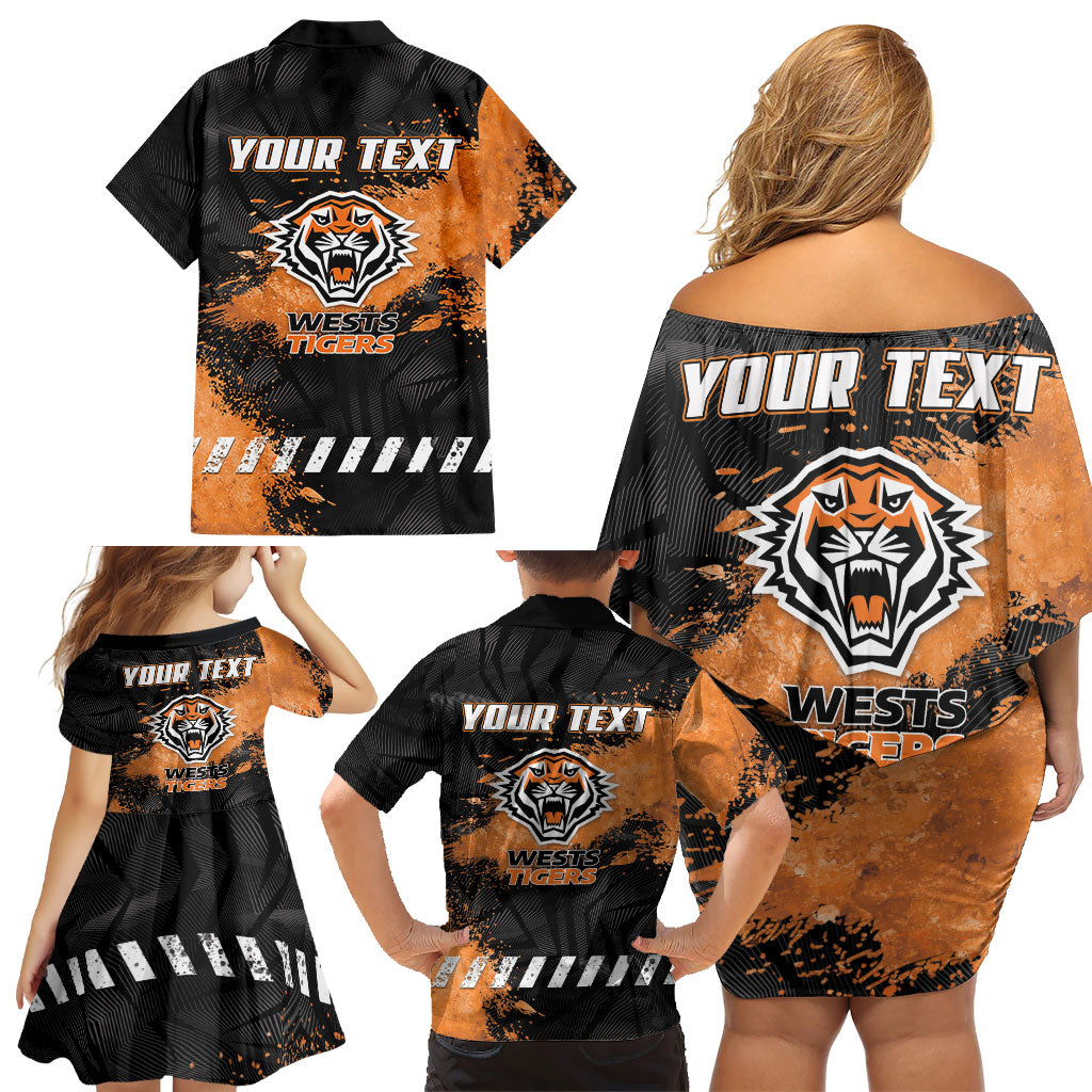 Personalized Wests Tigers Rugby Family Matching Off Shoulder Short Dress and Hawaiian Shirt Tiger Mascot - Sporty Splash Art Style