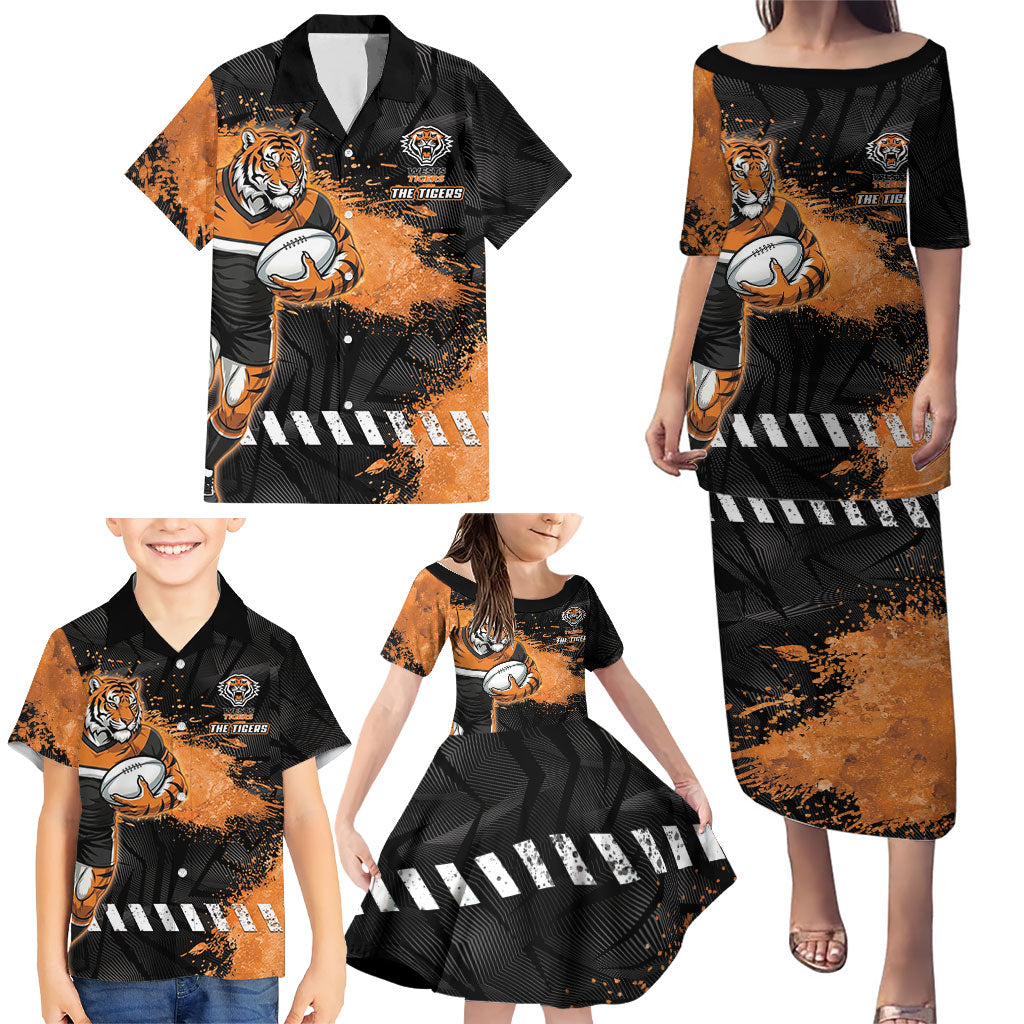 Personalized Wests Tigers Rugby Family Matching Puletasi and Hawaiian Shirt Tiger Mascot - Sporty Splash Art Style