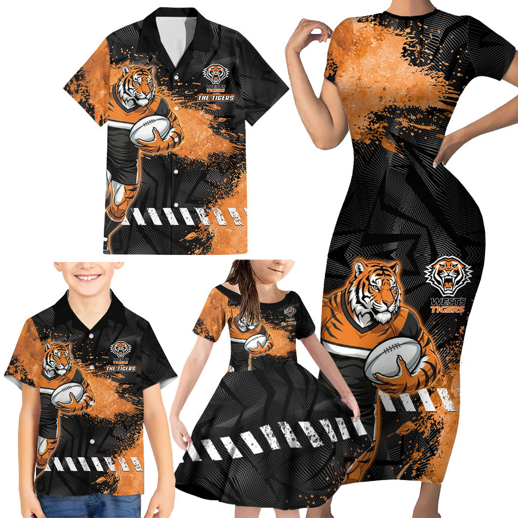 Personalized Wests Tigers Rugby Family Matching Short Sleeve Bodycon Dress and Hawaiian Shirt Tiger Mascot - Sporty Splash Art Style