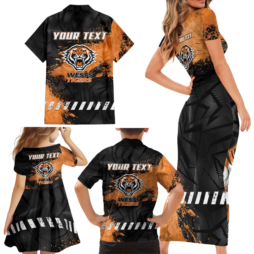 Personalized Wests Tigers Rugby Family Matching Short Sleeve Bodycon Dress and Hawaiian Shirt Tiger Mascot - Sporty Splash Art Style