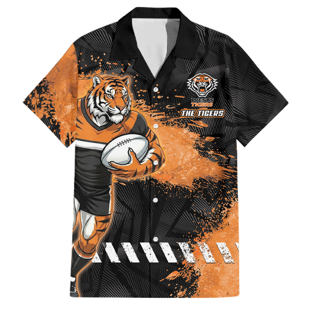 Personalized Wests Tigers Rugby Family Matching Short Sleeve Bodycon Dress and Hawaiian Shirt Tiger Mascot - Sporty Splash Art Style