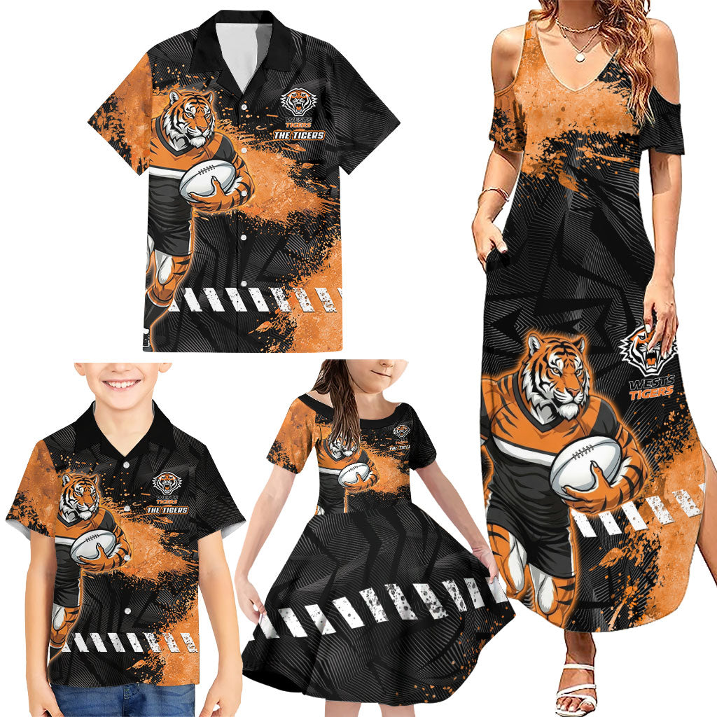 Personalized Wests Tigers Rugby Family Matching Summer Maxi Dress and Hawaiian Shirt Tiger Mascot - Sporty Splash Art Style