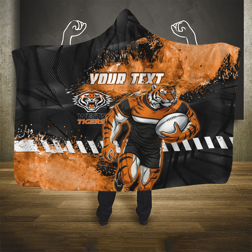 Personalized Wests Tigers Rugby Hooded Blanket Tiger Mascot - Sporty Splash Art Style
