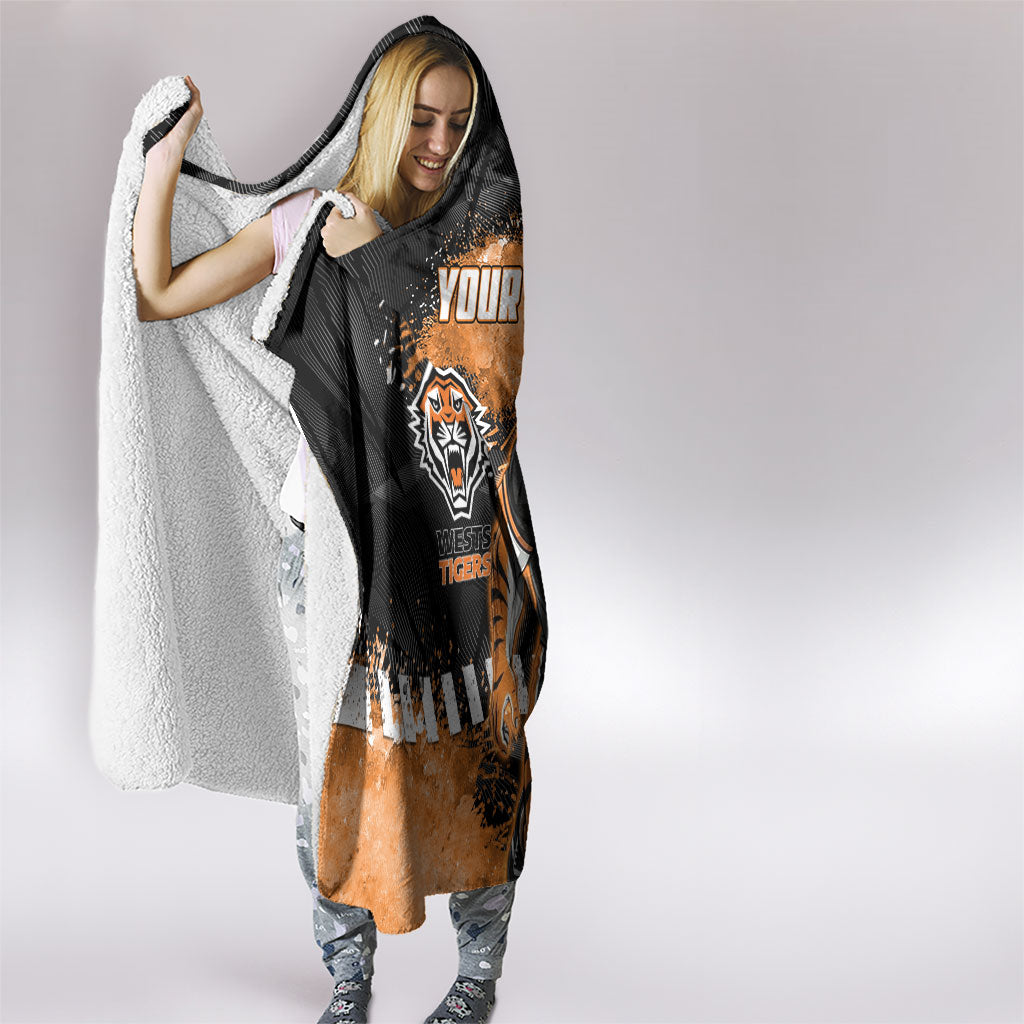 Personalized Wests Tigers Rugby Hooded Blanket Tiger Mascot - Sporty Splash Art Style