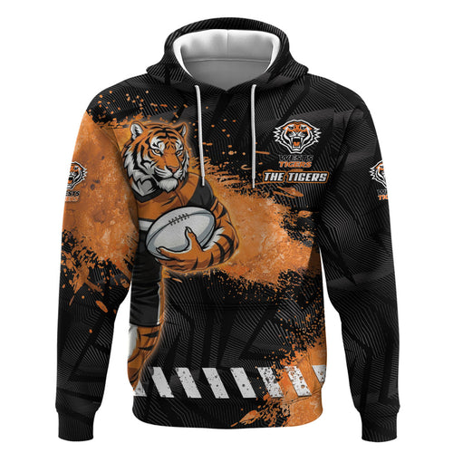 Personalized Wests Tigers Rugby Hoodie Tiger Mascot - Sporty Splash Art Style
