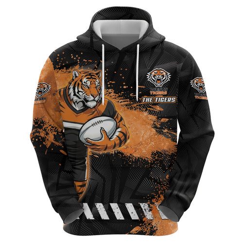 Personalized Wests Tigers Rugby Hoodie Tiger Mascot - Sporty Splash Art Style