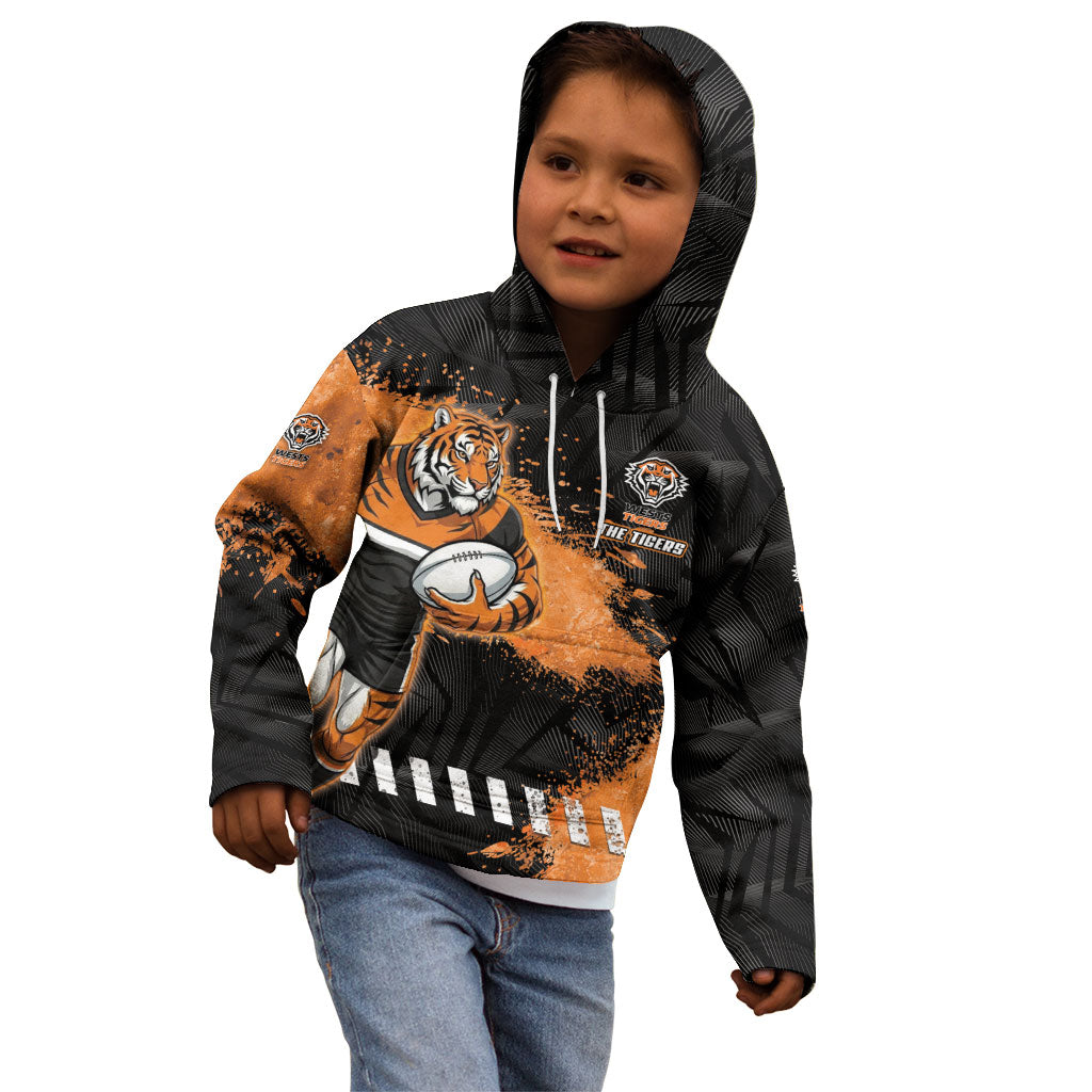Personalized Wests Tigers Rugby Kid Hoodie Tiger Mascot - Sporty Splash Art Style