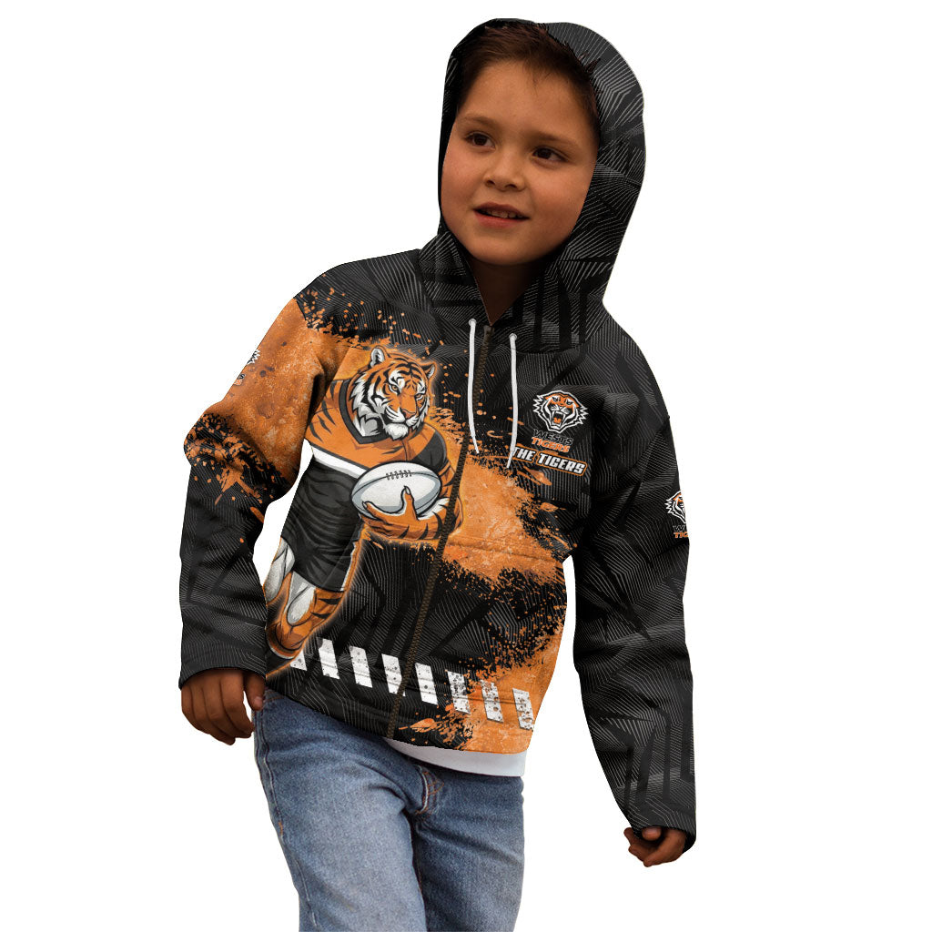 Personalized Wests Tigers Rugby Kid Hoodie Tiger Mascot - Sporty Splash Art Style