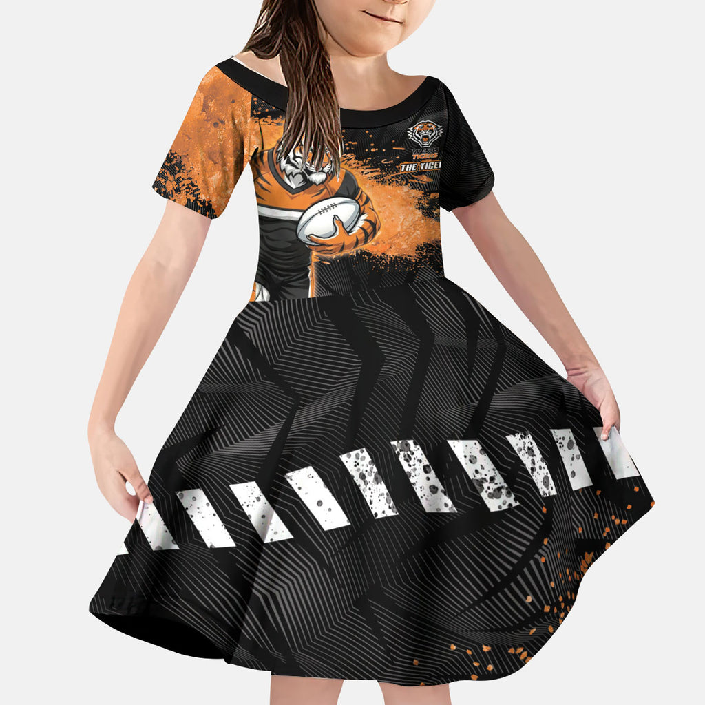 Personalized Wests Tigers Rugby Kid Short Sleeve Dress Tiger Mascot - Sporty Splash Art Style