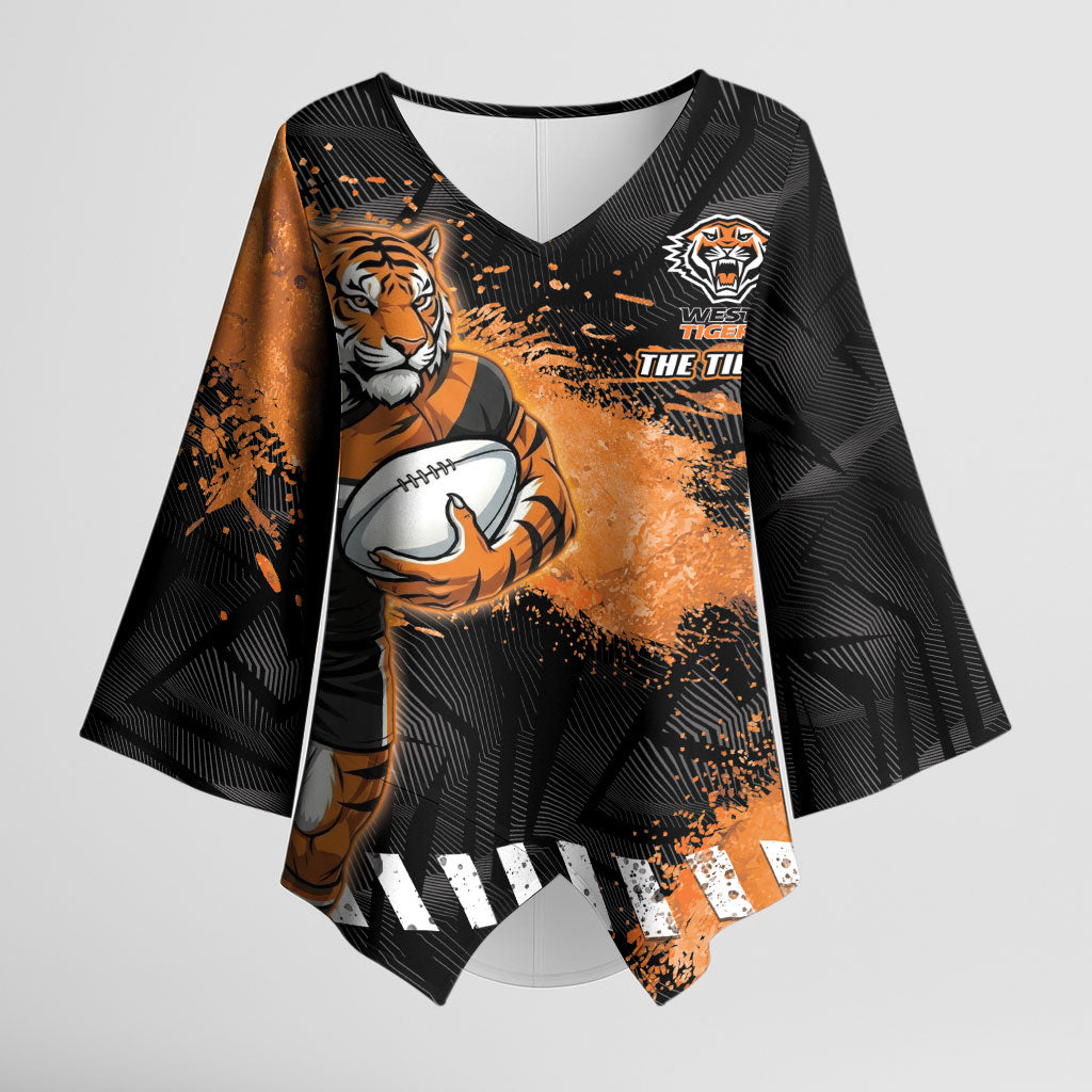 Personalized Wests Tigers Rugby Kimono Sleeve Blouse Tiger Mascot - Sporty Splash Art Style