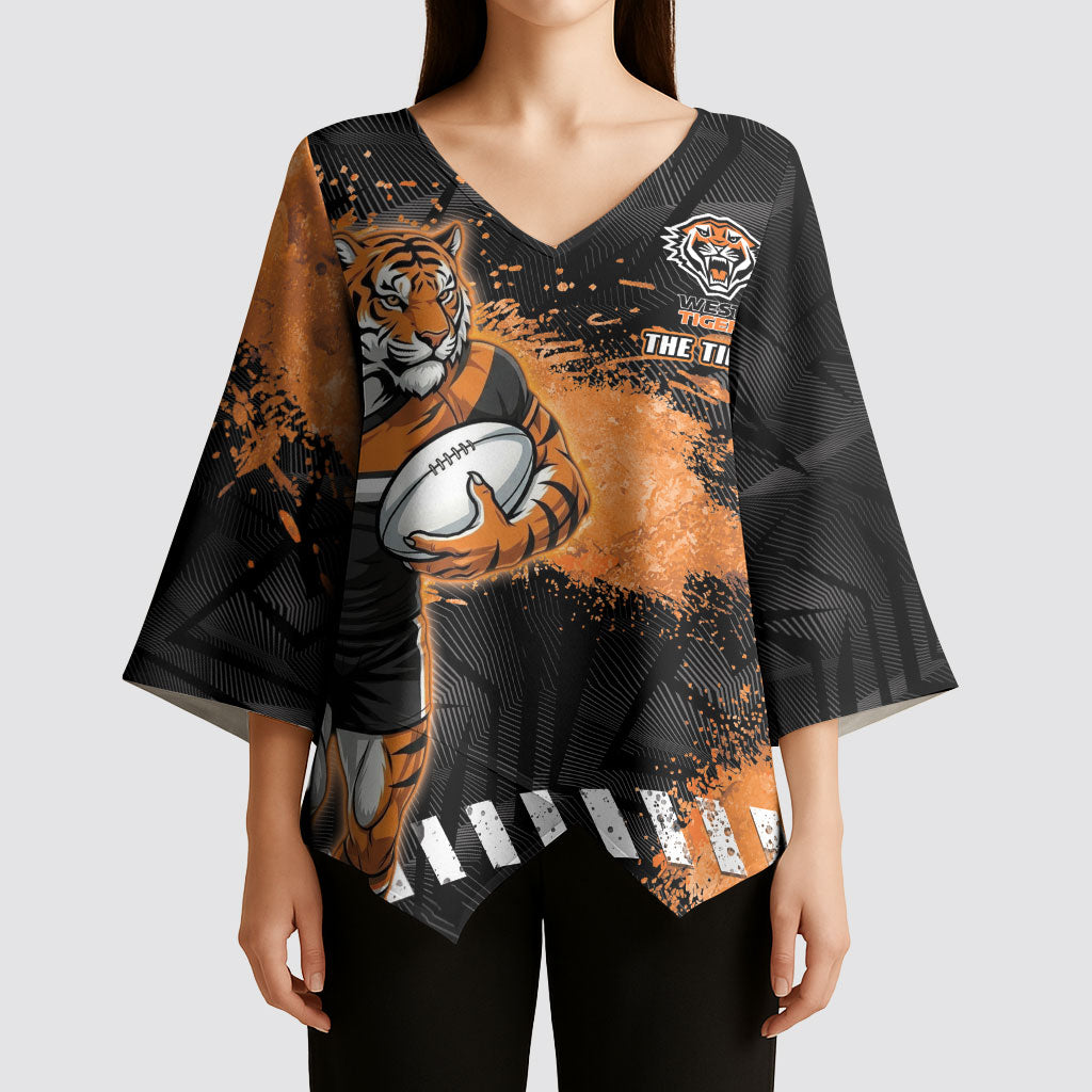 Personalized Wests Tigers Rugby Kimono Sleeve Blouse Tiger Mascot - Sporty Splash Art Style