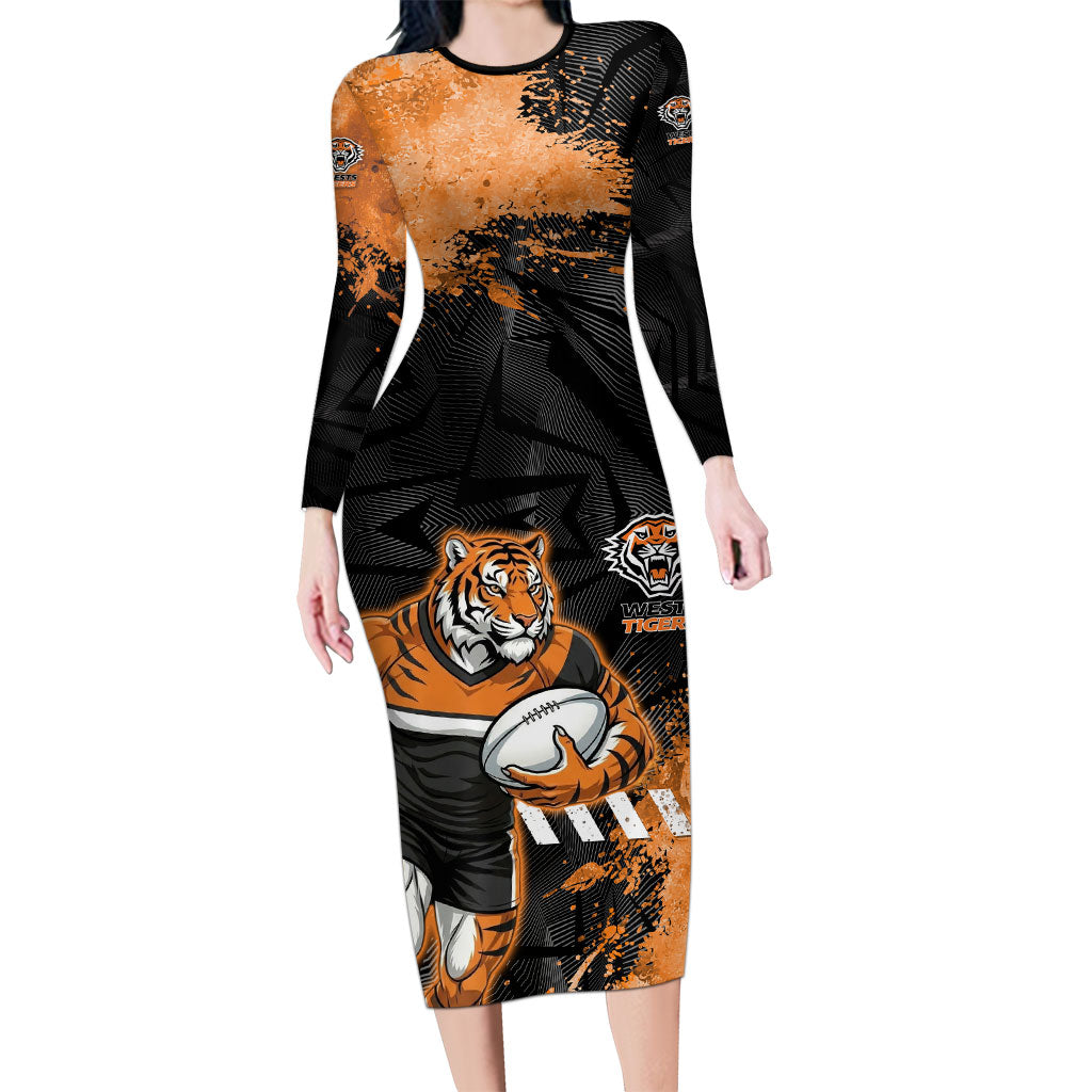 Personalized Wests Tigers Rugby Long Sleeve Bodycon Dress Tiger Mascot - Sporty Splash Art Style