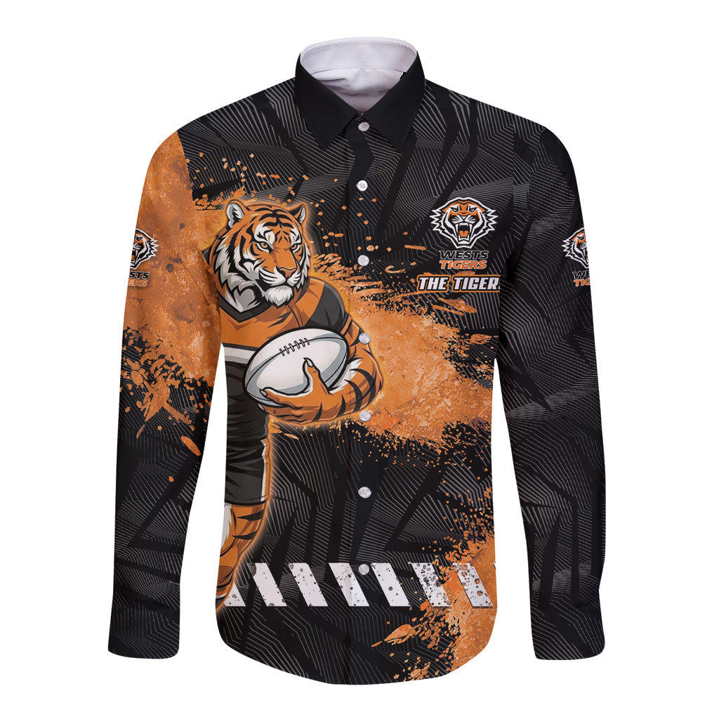 Personalized Wests Tigers Rugby Long Sleeve Button Shirt Tiger Mascot - Sporty Splash Art Style