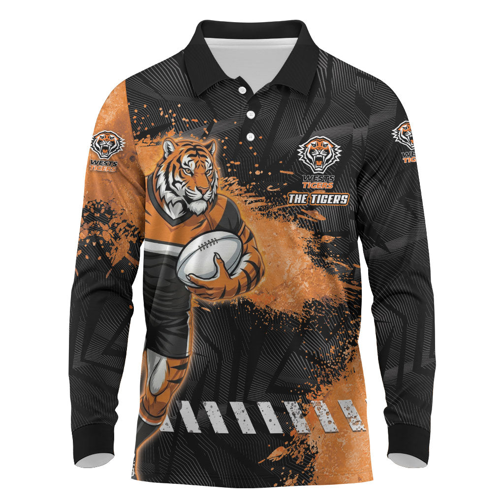 Personalized Wests Tigers Rugby Long Sleeve Polo Shirt Tiger Mascot - Sporty Splash Art Style