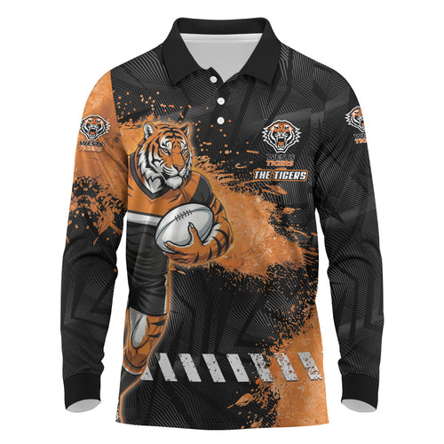 Personalized Wests Tigers Rugby Long Sleeve Polo Shirt Tiger Mascot - Sporty Splash Art Style