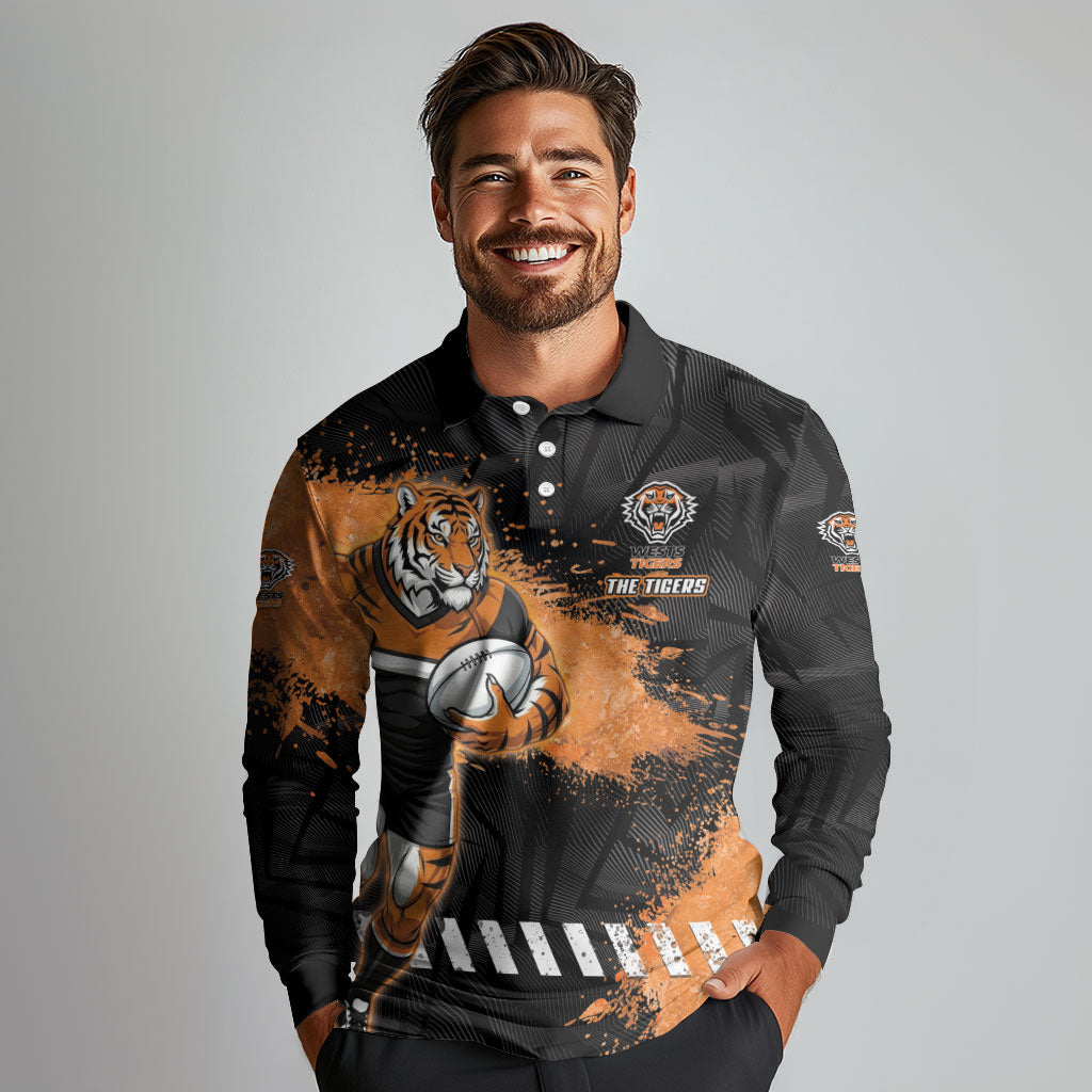 Personalized Wests Tigers Rugby Long Sleeve Polo Shirt Tiger Mascot - Sporty Splash Art Style