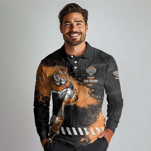 Personalized Wests Tigers Rugby Long Sleeve Polo Shirt Tiger Mascot - Sporty Splash Art Style