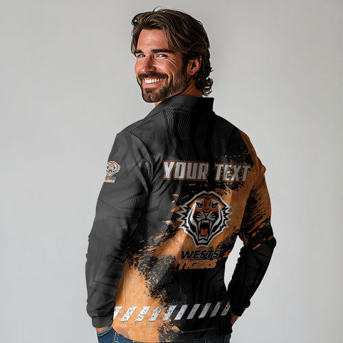 Personalized Wests Tigers Rugby Long Sleeve Polo Shirt Tiger Mascot - Sporty Splash Art Style