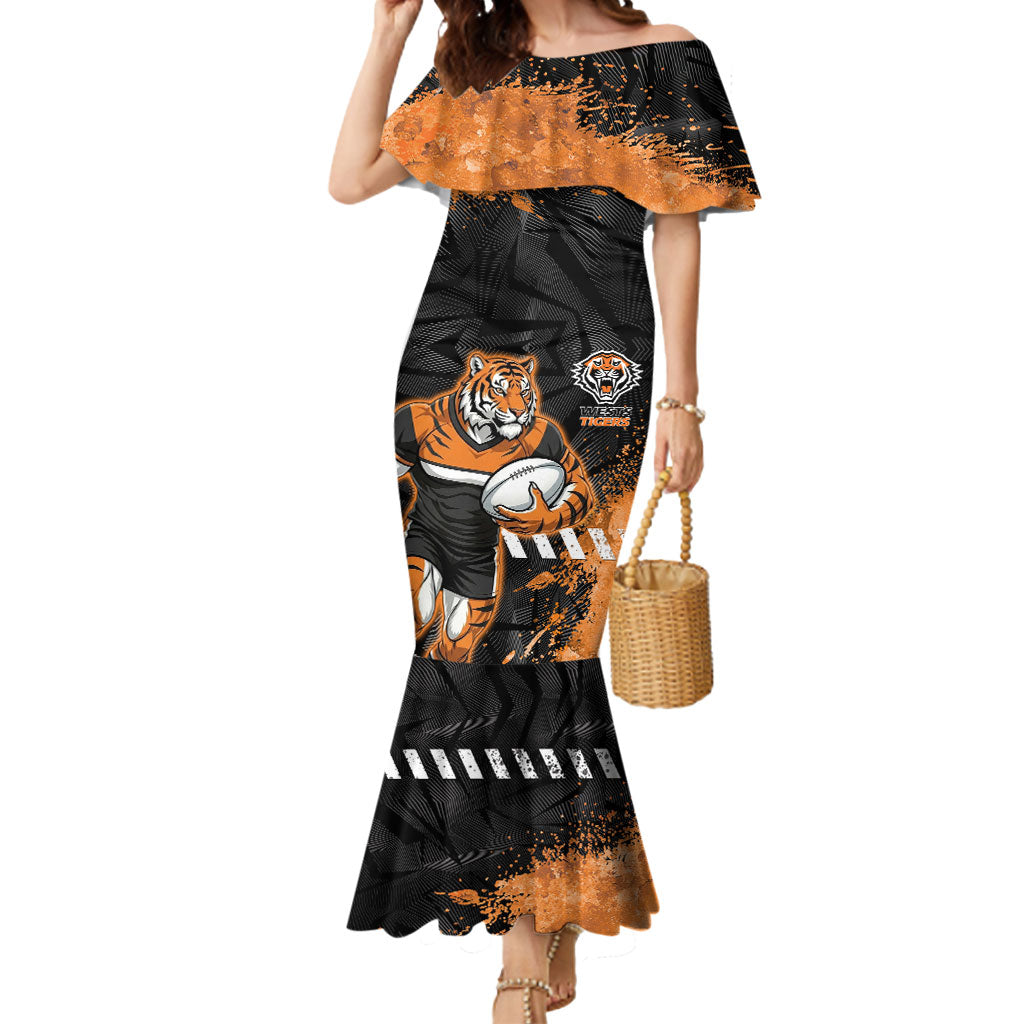 Personalized Wests Tigers Rugby Mermaid Dress Tiger Mascot - Sporty Splash Art Style