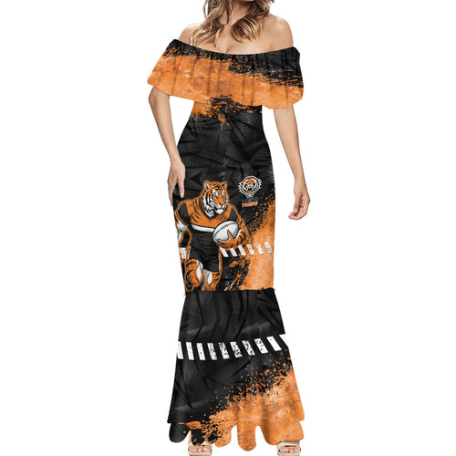 Personalized Wests Tigers Rugby Mermaid Dress Tiger Mascot - Sporty Splash Art Style