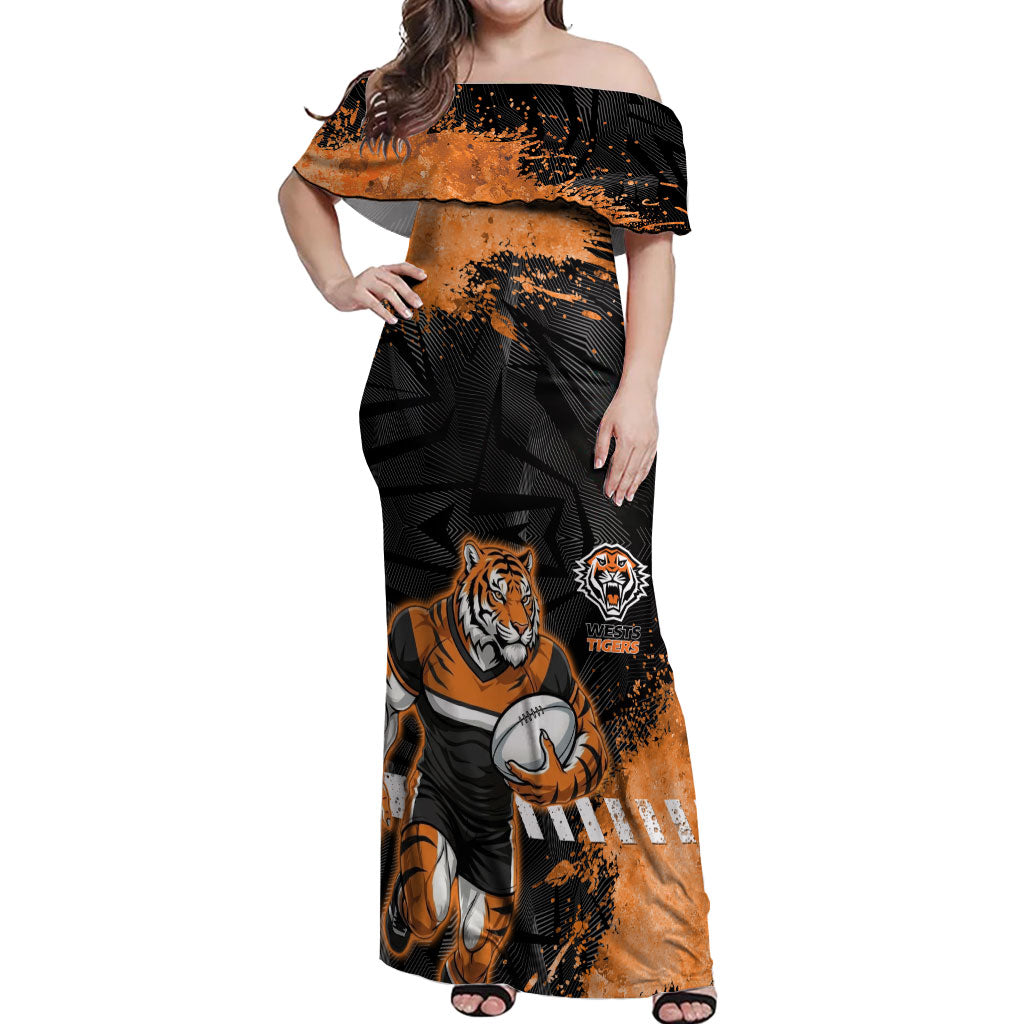 Personalized Wests Tigers Rugby Off Shoulder Maxi Dress Tiger Mascot - Sporty Splash Art Style