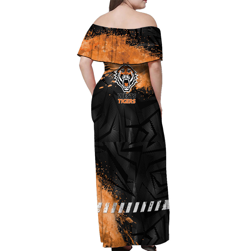 Personalized Wests Tigers Rugby Off Shoulder Maxi Dress Tiger Mascot - Sporty Splash Art Style
