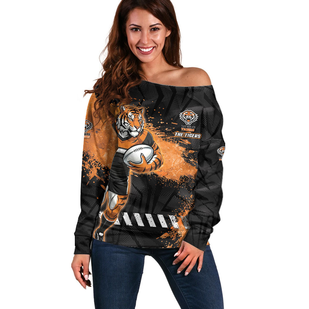 Personalized Wests Tigers Rugby Off Shoulder Sweater Tiger Mascot - Sporty Splash Art Style