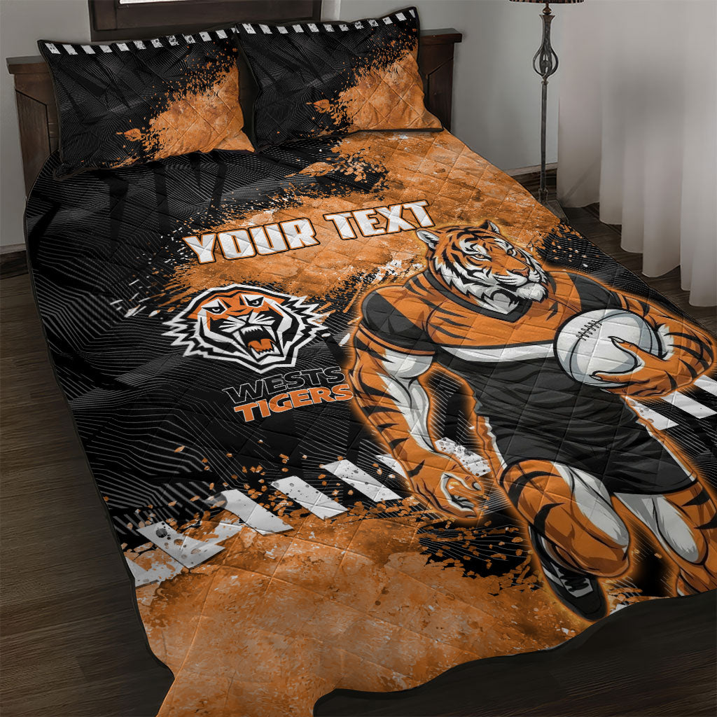 Personalized Wests Tigers Rugby Quilt Bed Set Tiger Mascot - Sporty Splash Art Style
