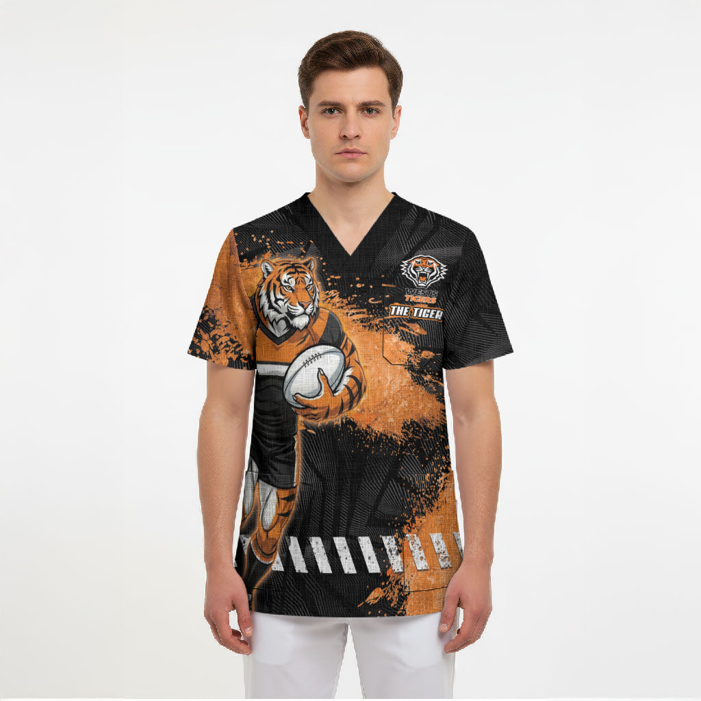 Personalized Wests Tigers Rugby Scrub Top Tiger Mascot - Sporty Splash Art Style