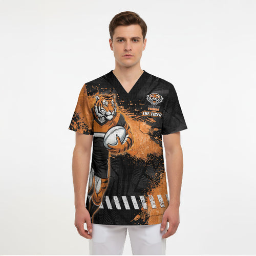 Personalized Wests Tigers Rugby Scrub Top Tiger Mascot - Sporty Splash Art Style