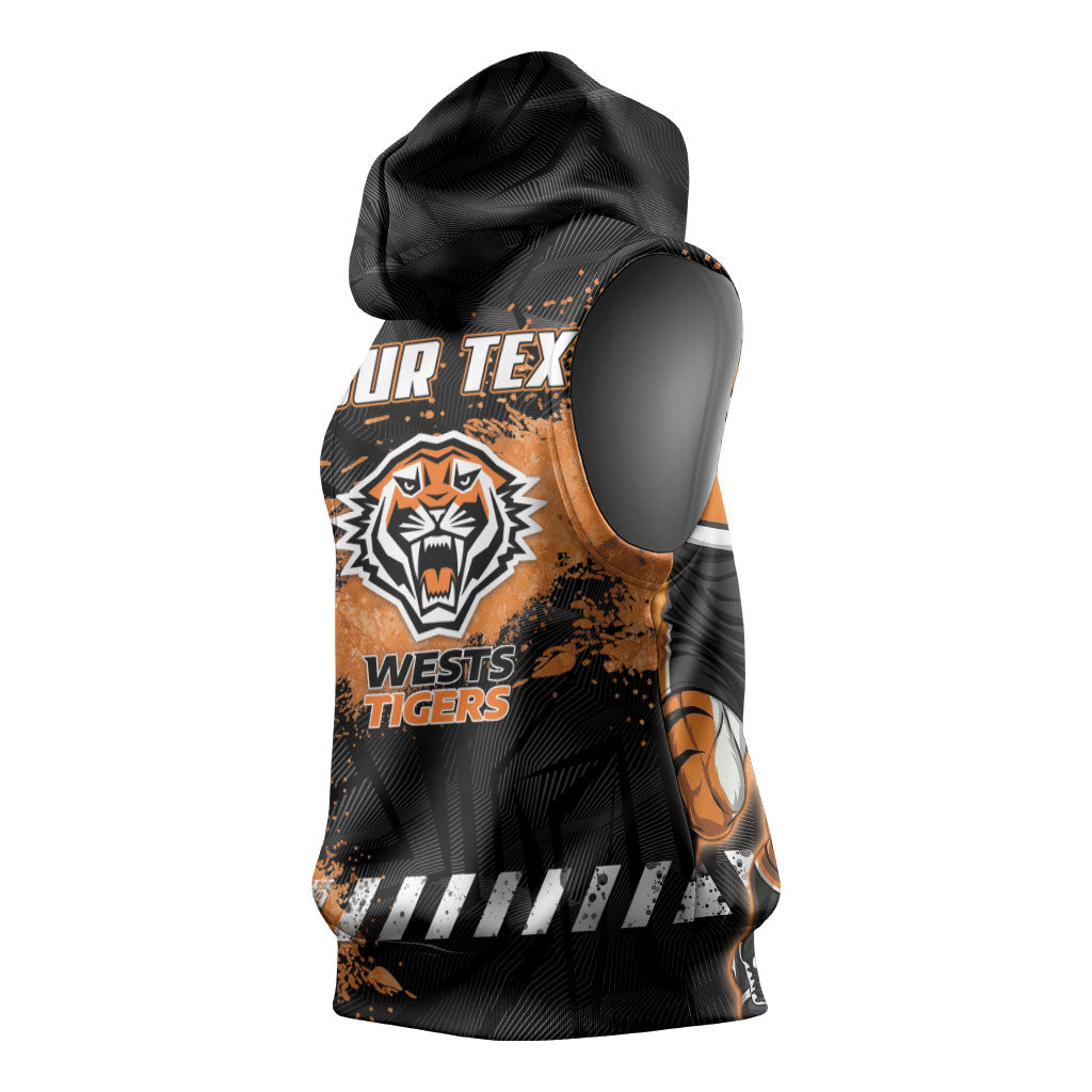 Personalized Wests Tigers Rugby Sleeveless Hoodie Tiger Mascot - Sporty Splash Art Style