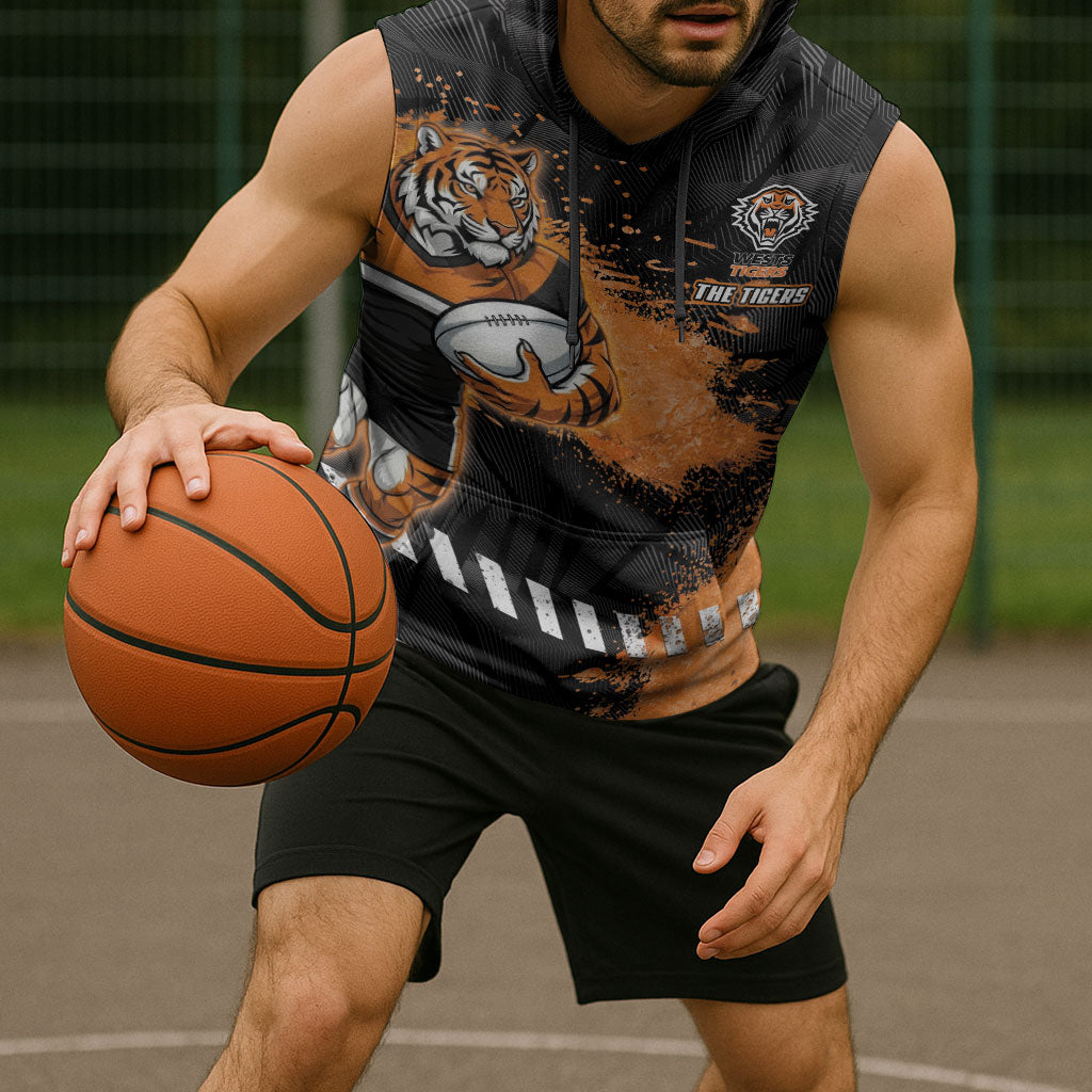 Personalized Wests Tigers Rugby Sleeveless Hoodie Tiger Mascot - Sporty Splash Art Style