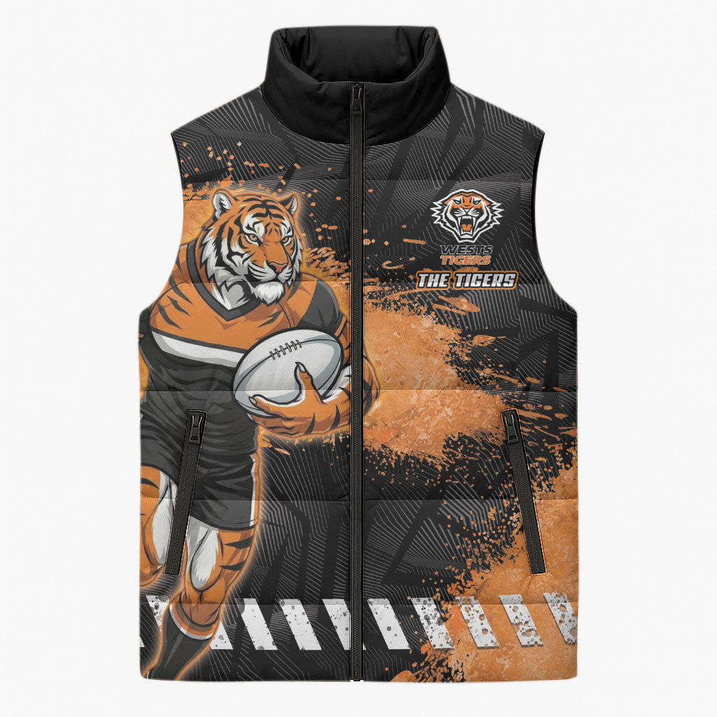 Personalized Wests Tigers Rugby Sleeveless Puffer Jacket Tiger Mascot - Sporty Splash Art Style