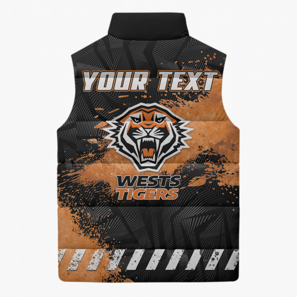 Personalized Wests Tigers Rugby Sleeveless Puffer Jacket Tiger Mascot - Sporty Splash Art Style