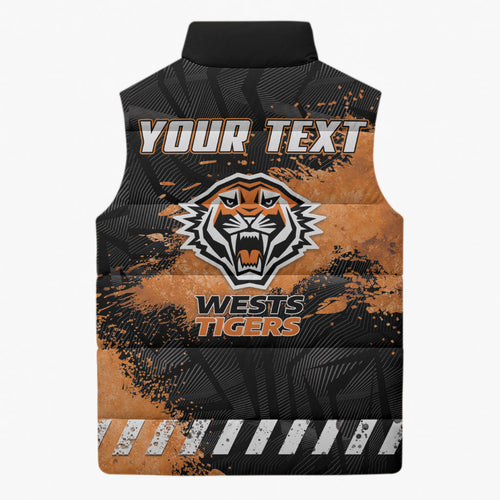 Personalized Wests Tigers Rugby Sleeveless Puffer Jacket Tiger Mascot - Sporty Splash Art Style