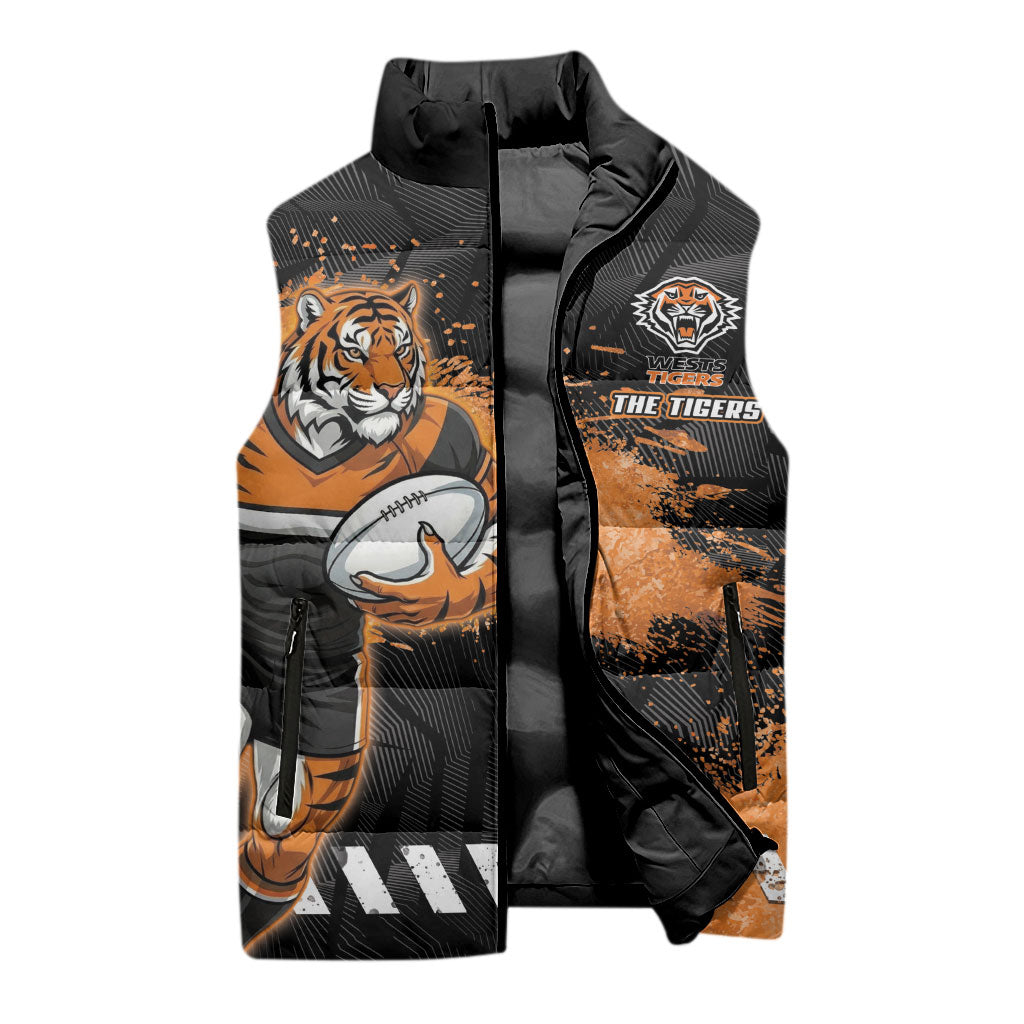 Personalized Wests Tigers Rugby Sleeveless Puffer Jacket Tiger Mascot - Sporty Splash Art Style