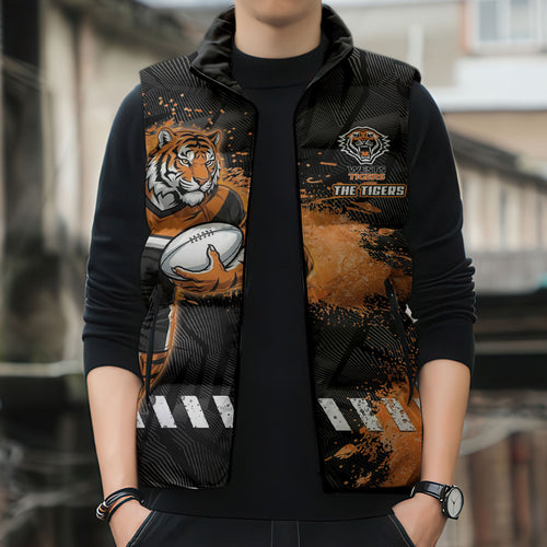 Personalized Wests Tigers Rugby Sleeveless Puffer Jacket Tiger Mascot - Sporty Splash Art Style