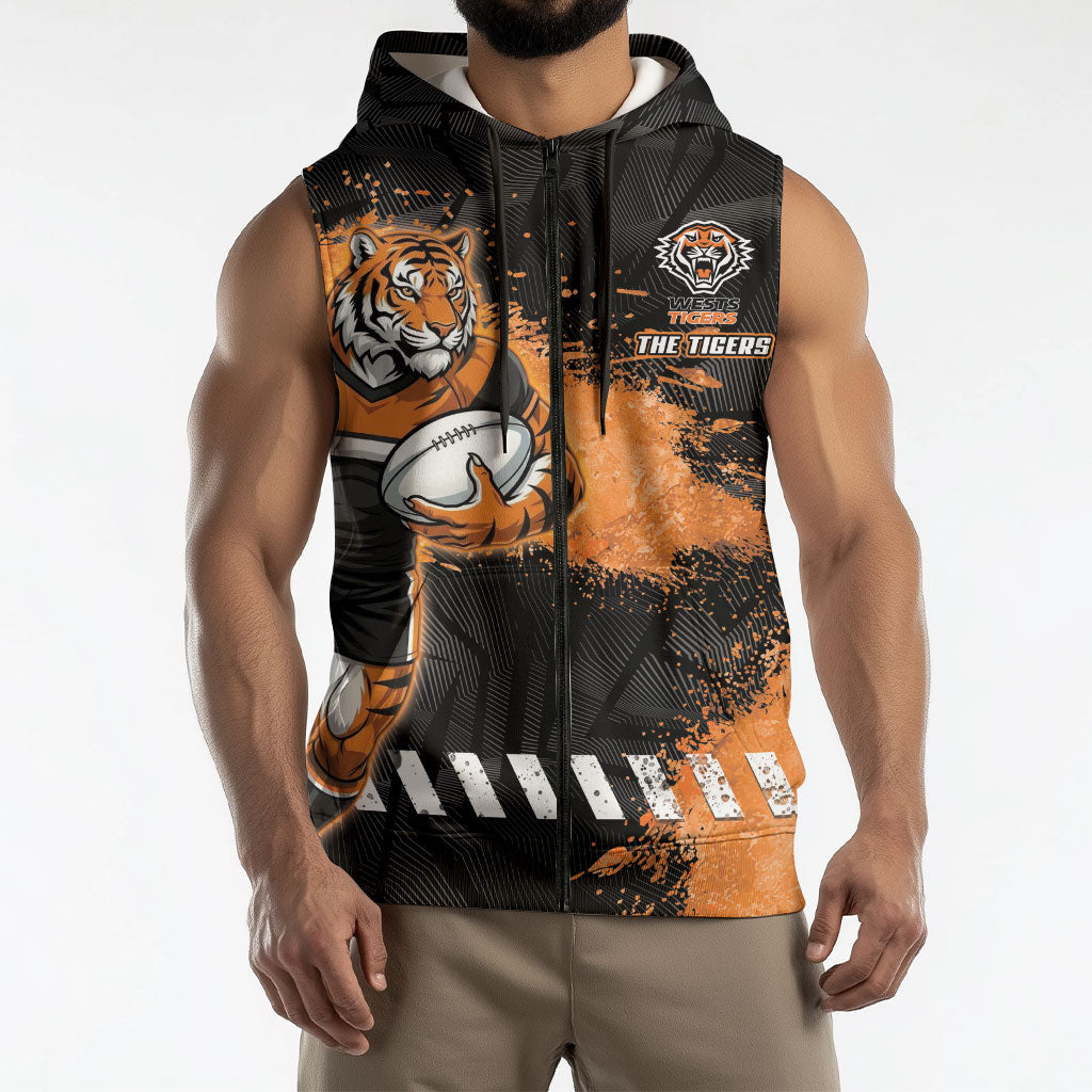 Personalized Wests Tigers Rugby Sleeveless Zip Hoodie Tiger Mascot - Sporty Splash Art Style