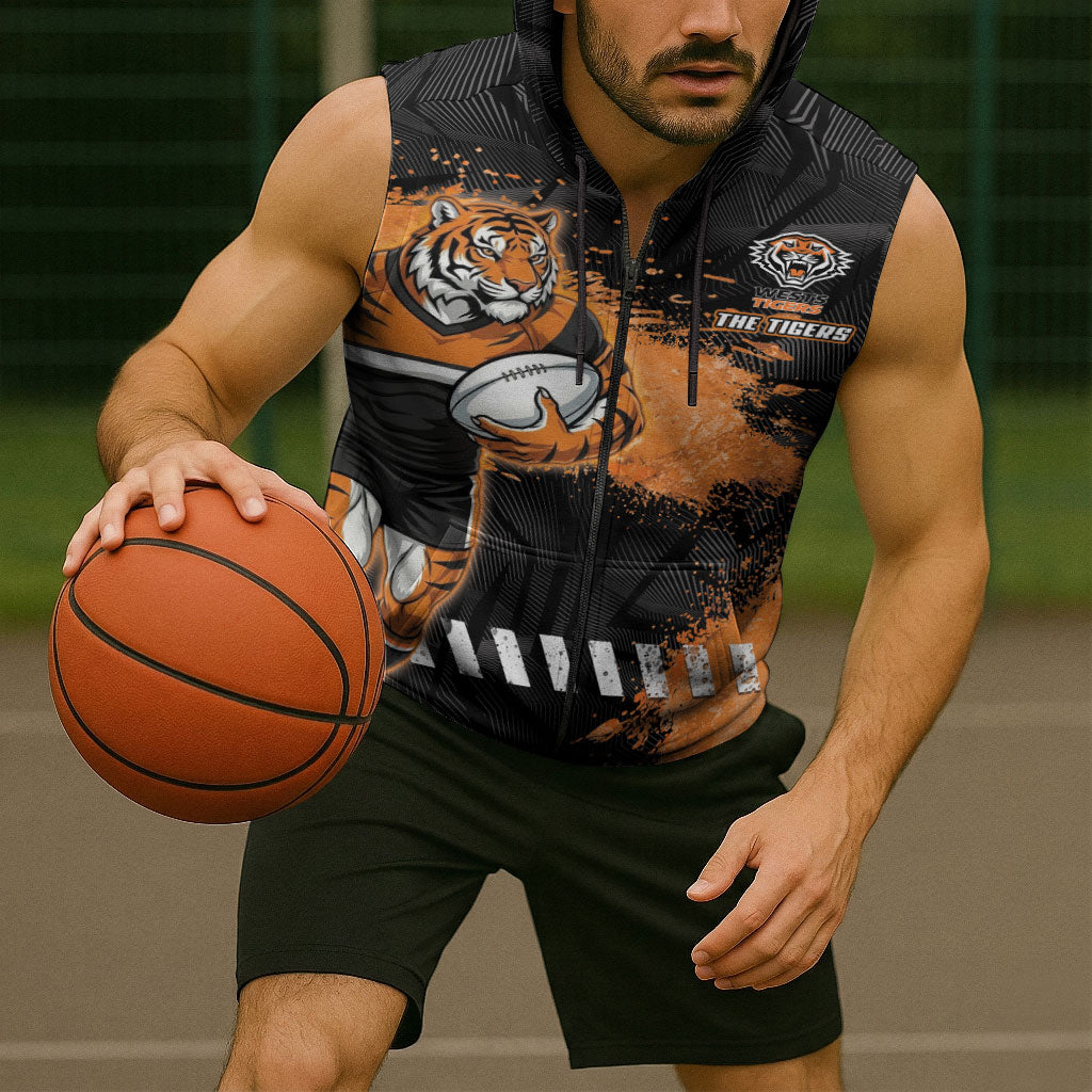 Personalized Wests Tigers Rugby Sleeveless Zip Hoodie Tiger Mascot - Sporty Splash Art Style