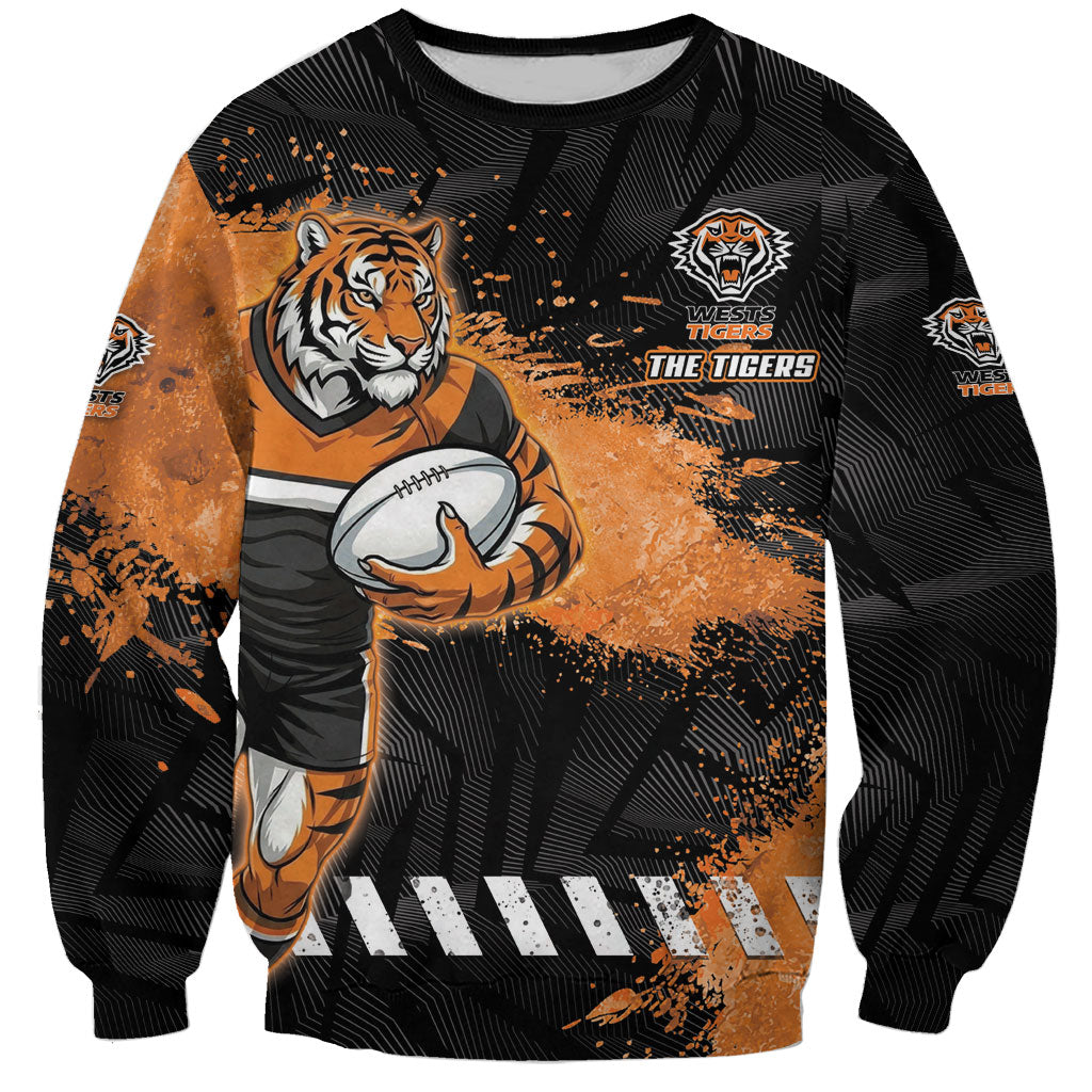 Personalized Wests Tigers Rugby Sweatshirt Tiger Mascot - Sporty Splash Art Style