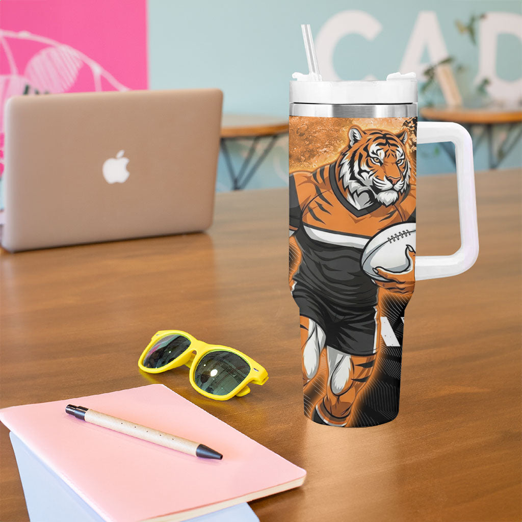 Personalized Wests Tigers Rugby Tumbler With Handle Tiger Mascot - Sporty Splash Art Style