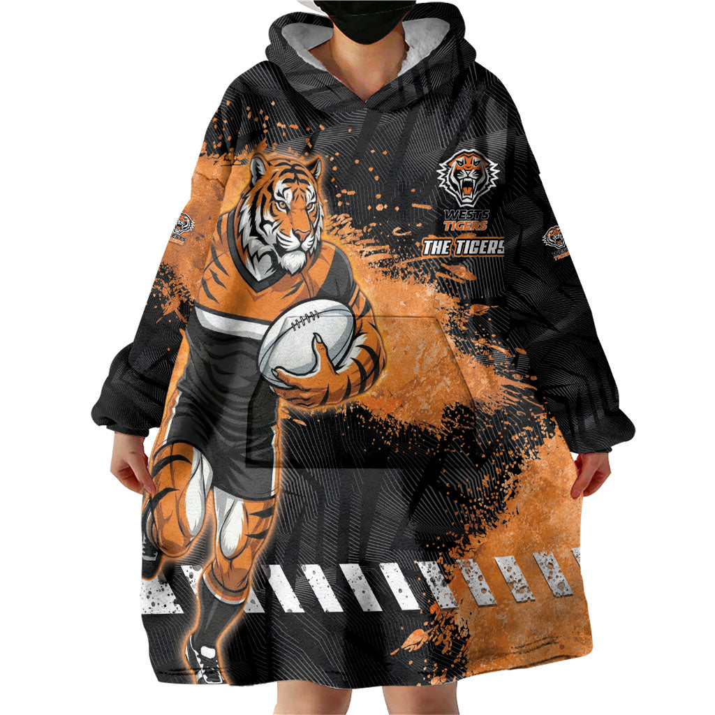 Personalized Wests Tigers Rugby Wearable Blanket Hoodie Tiger Mascot - Sporty Splash Art Style