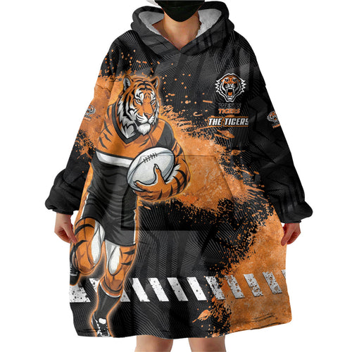 Personalized Wests Tigers Rugby Wearable Blanket Hoodie Tiger Mascot - Sporty Splash Art Style