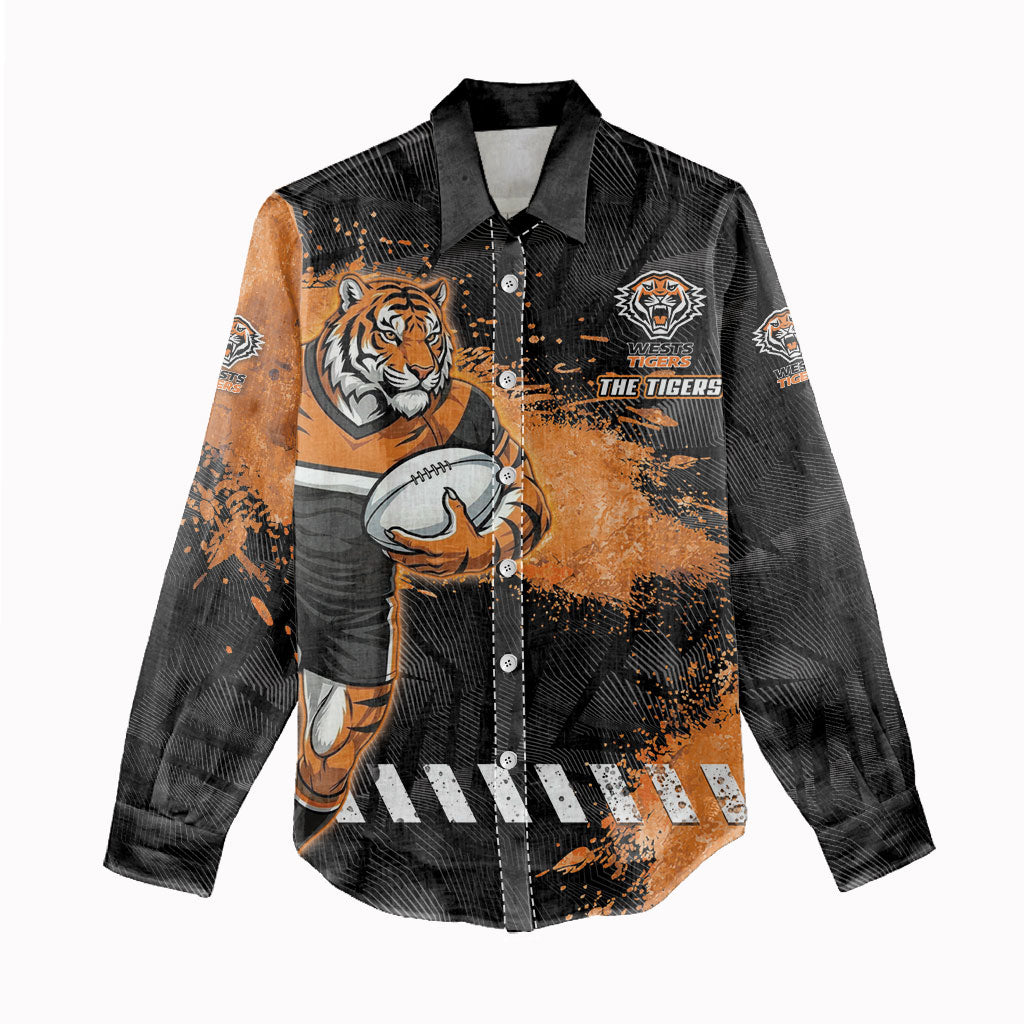 Personalized Wests Tigers Rugby Women Casual Shirt Tiger Mascot - Sporty Splash Art Style